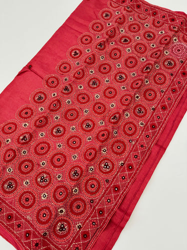 Lightweight Kutch Mirror Embroidery Pure Tussar Silk Saree | Shade of Light Vermillion Red | Hand Embroidery | Ships from California